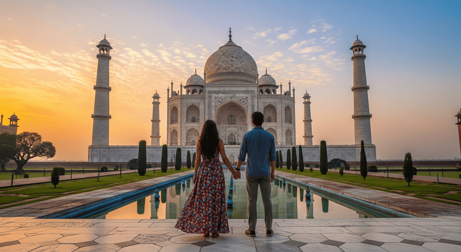 Delhi to Agra one-day tour — couple enjoying sunrise at the Taj Mahal, India
