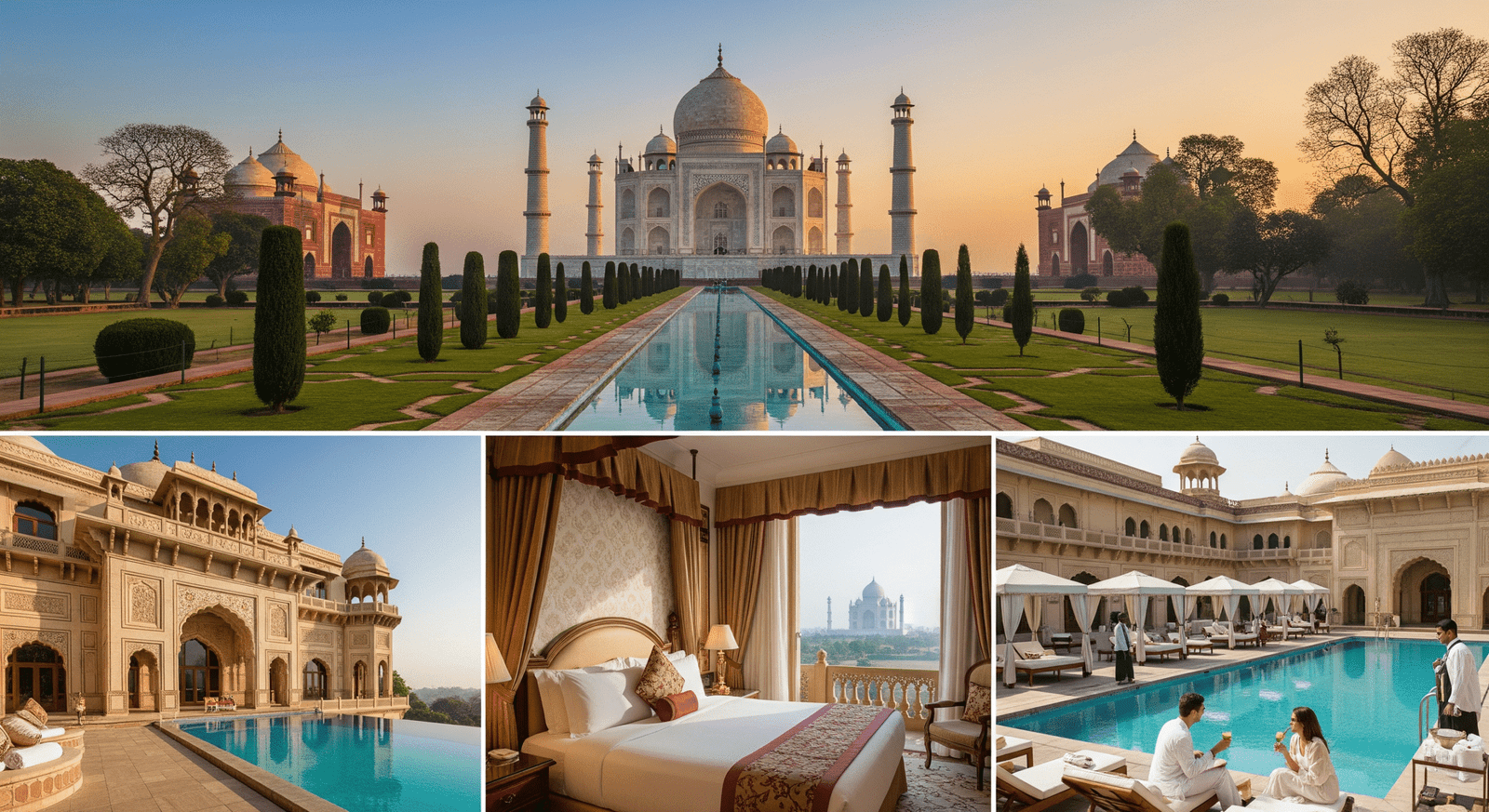 Agra city tour by private car with Taj Mahal visit and luxurious hotel stay featuring pool and elegant bedroom