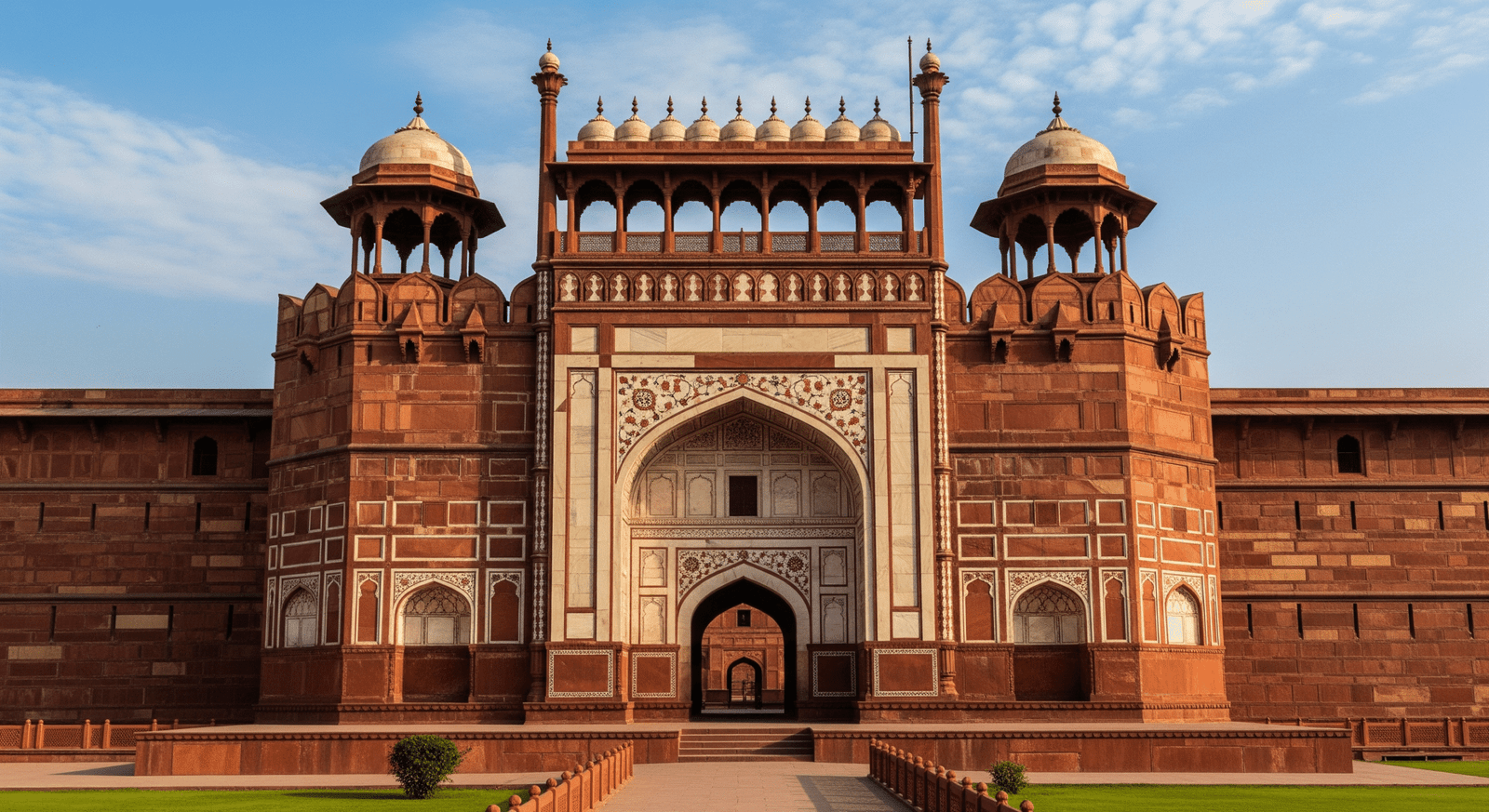 Main entrance of Agra Fort, showcasing Mughal red sandstone architecture.