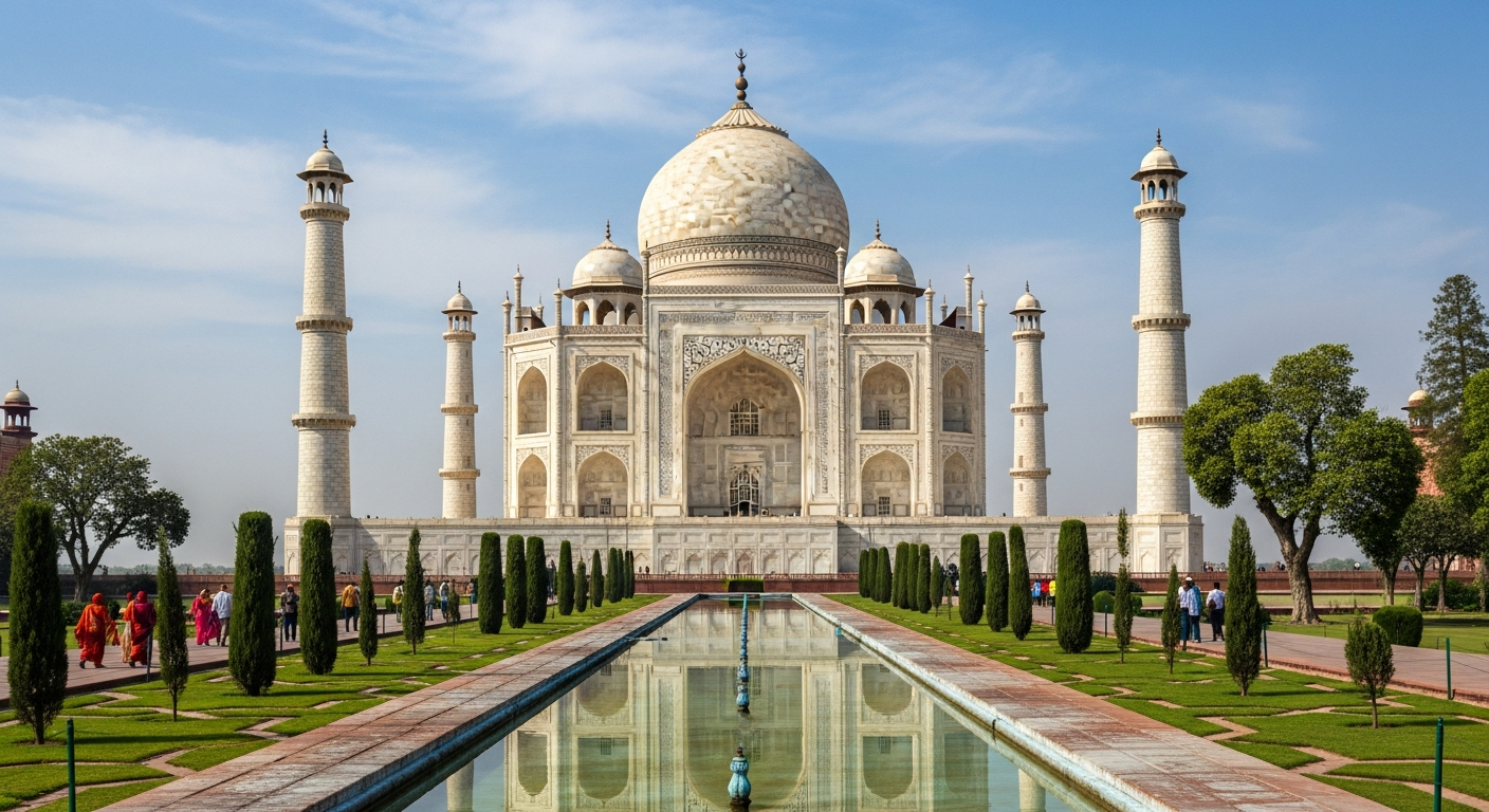 Taj Mahal at sunrise, the most famous among Agra main attractions and a must-see site for first-time visitors.
