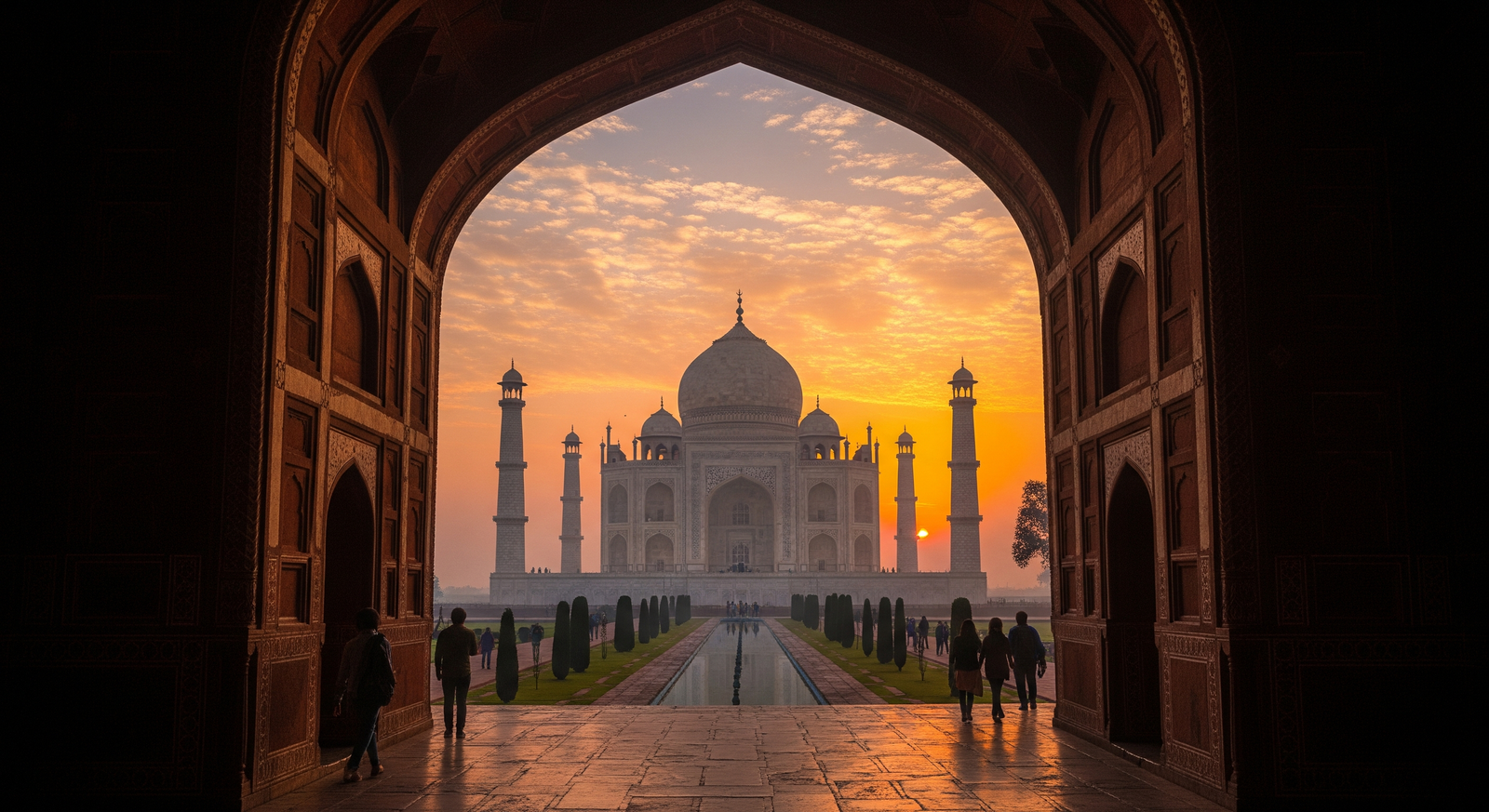 Agra Taj Mahal at sunrise – early morning entry time view with soft golden light over the white marble monument in Agra, India.