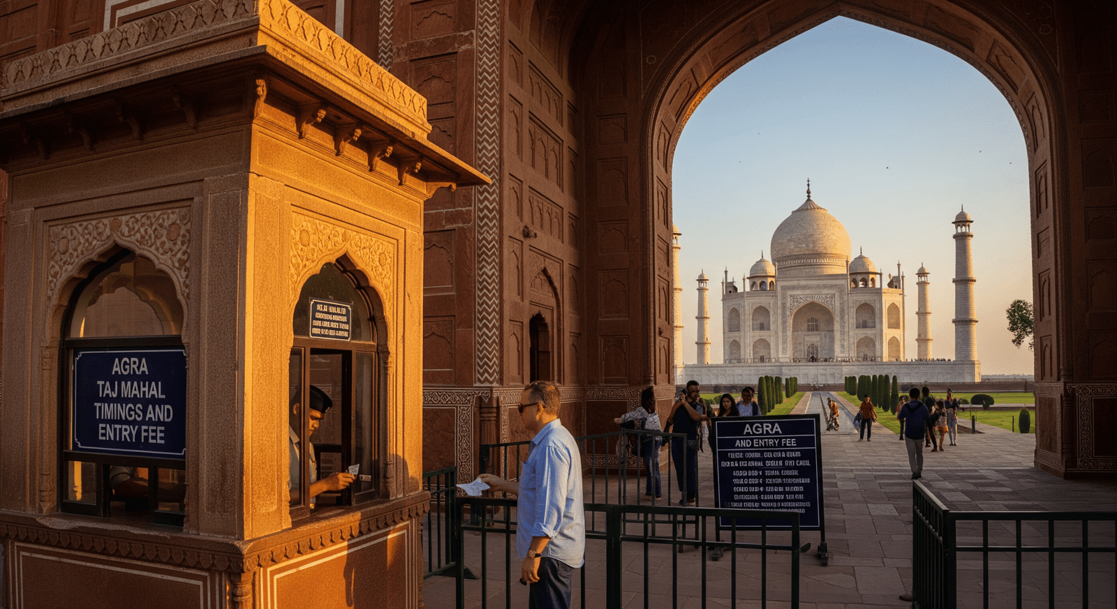 Agra Taj Mahal Timings and Entry Fee 2026 – view of the Taj Mahal at sunrise with visitors entering through the main gate
