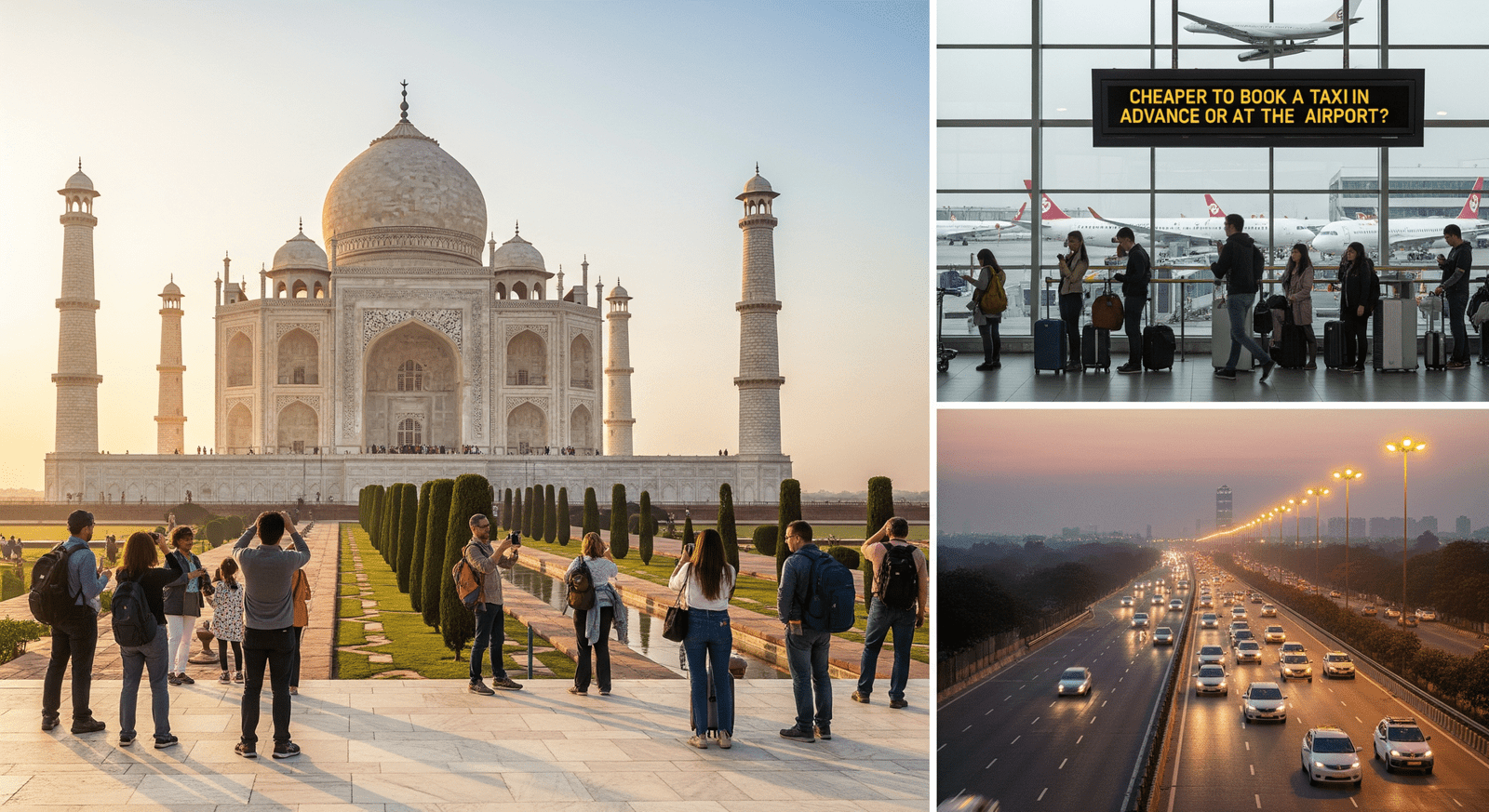Cheaper to book a taxi in advance or at the airport — tourist arriving at Delhi Airport with view of Taj Mahal and Yamuna Expressway Road in the background.