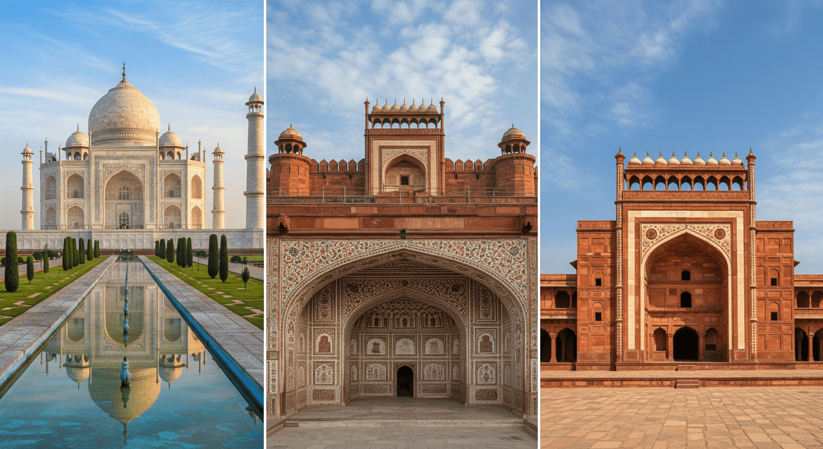 Cultural Heritage of Agra showcasing the Taj Mahal, Agra Fort, and Fatehpur Sikri representing Mughal architecture and artistic legacy.