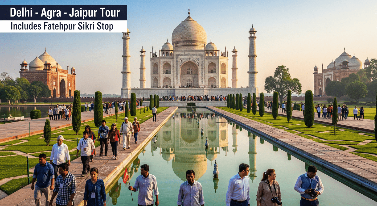 Scenic view of Taj Mahal in Agra with tourists, part of Delhi to Agra and Jaipur tour including Fatehpur Sikri stop.