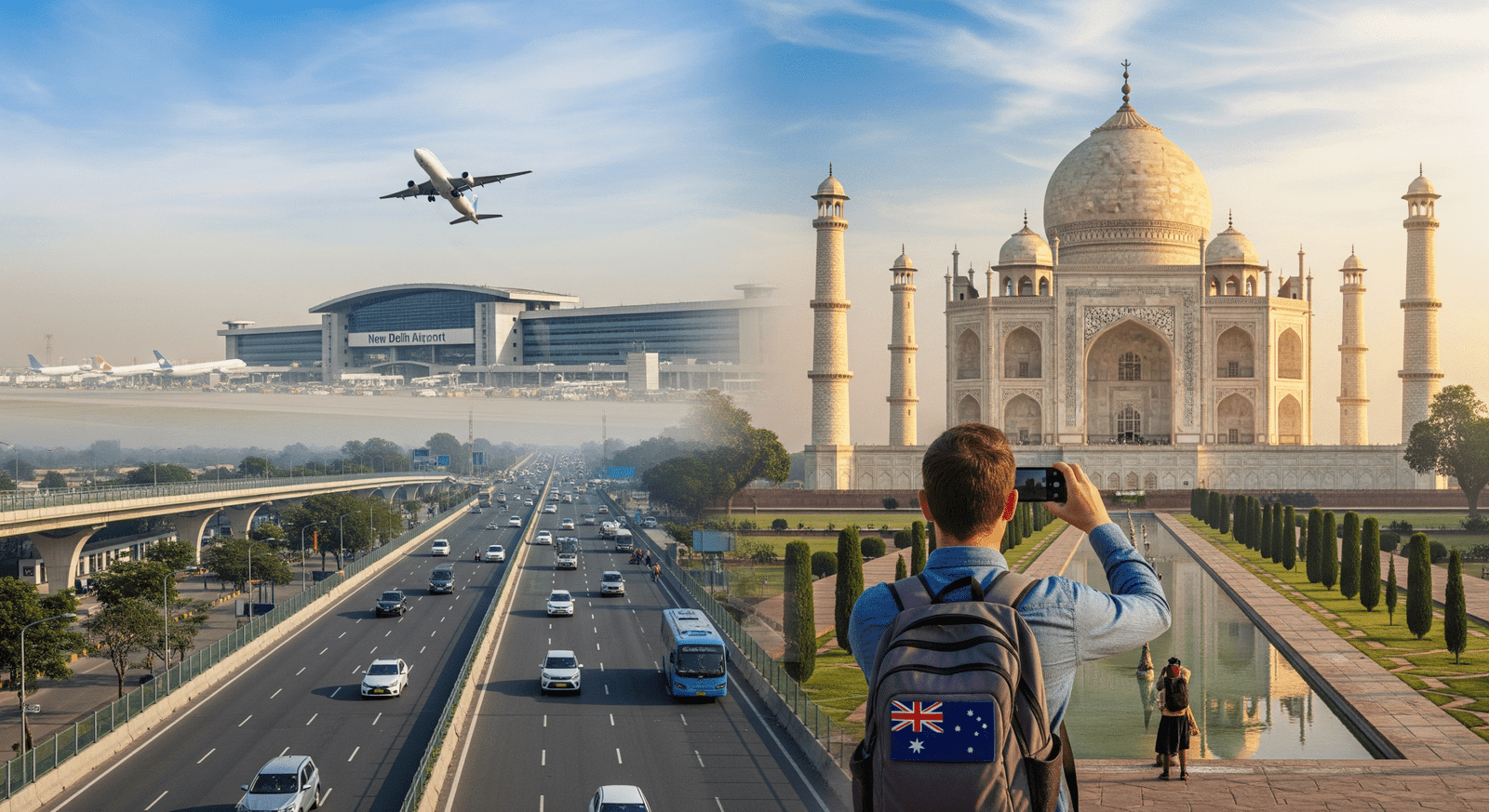 Australian tourist at the Taj Mahal after travelling the Distance Between New Delhi Airport and Agra via Yamuna Expressway