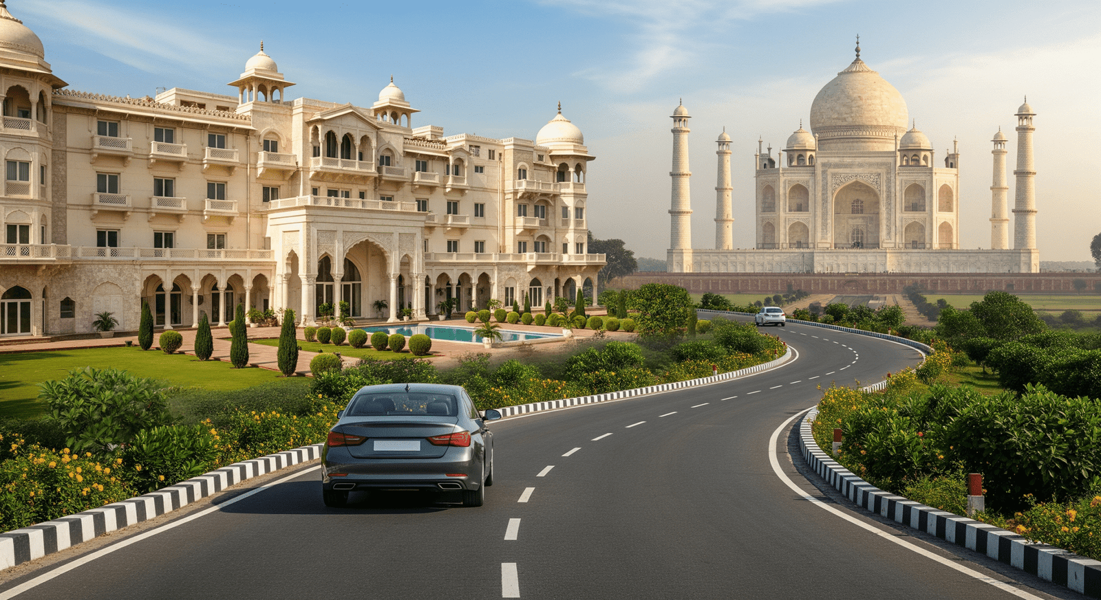Taj Mahal view with luxury hotel and car on the Agra highway during Ghaziabad to Agra tour
