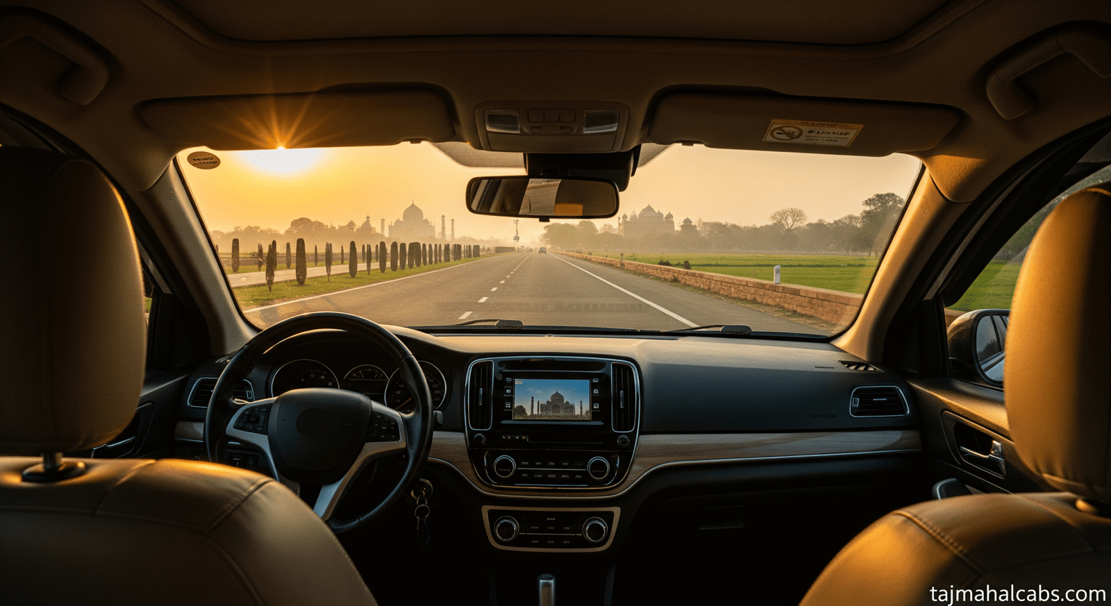 Private car traveling from Delhi to Taj Mahal in Agra, scenic road trip, sunrise view of Taj Mahal, comfortable taxi journey