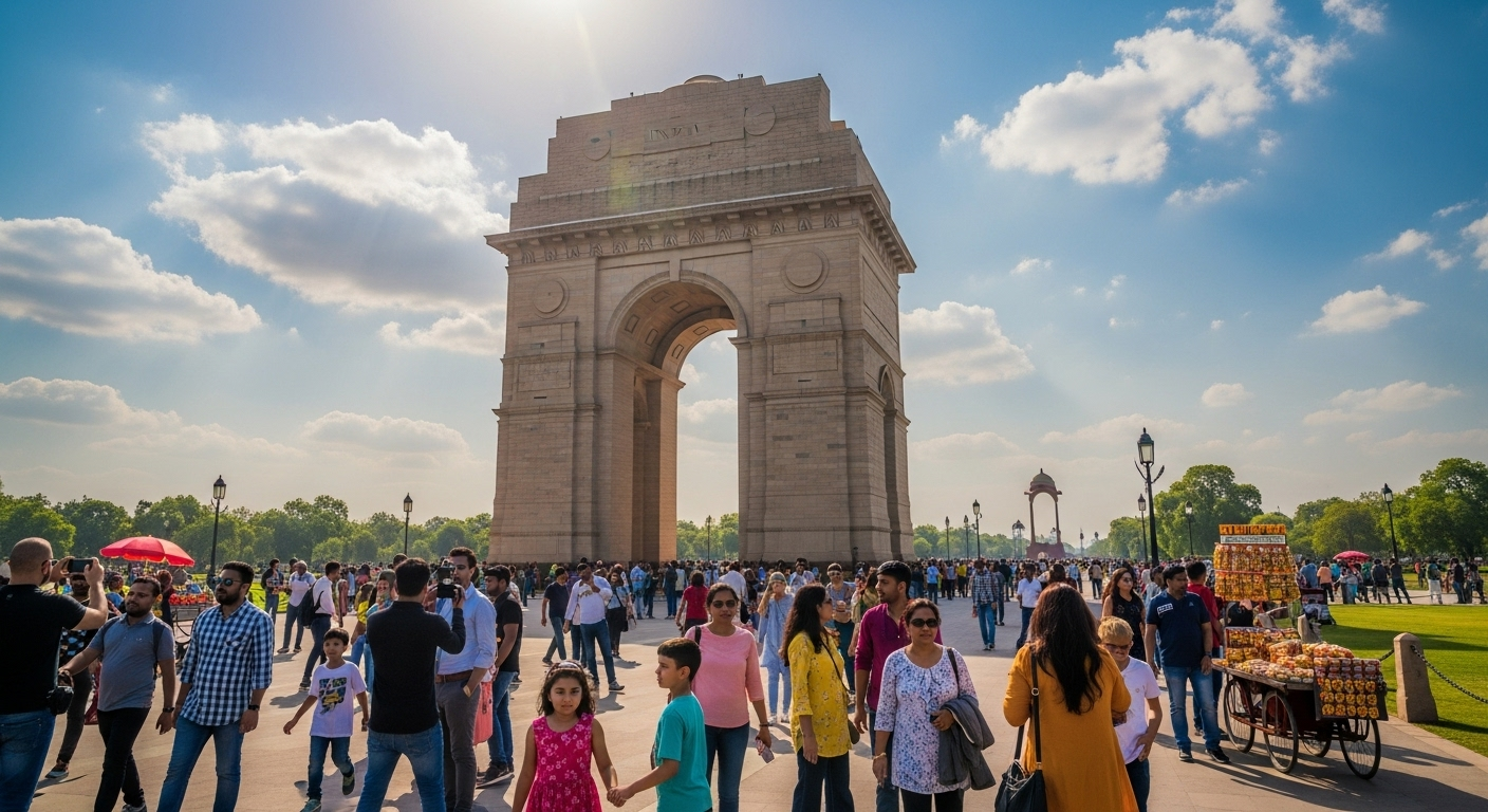 Tourists visiting India Gate, Delhi, enjoying the sights while exploring the Golden Triangle – Discover the Best Golden Triangle Tour Packages