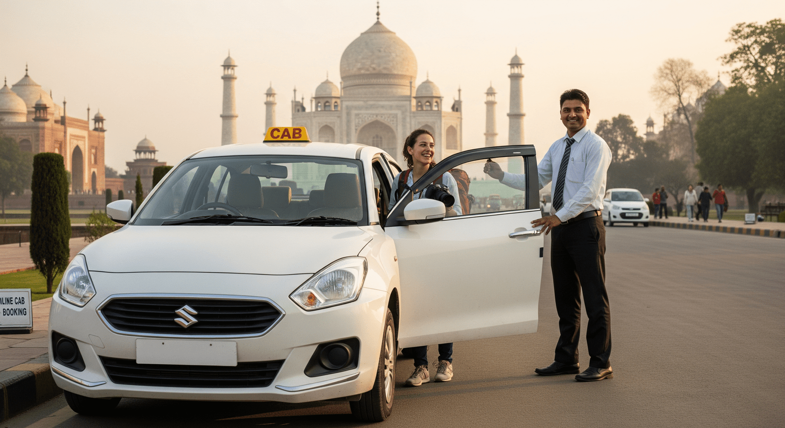 Online Cab Booking in Agra – Taj Mahal with car, driver, and happy tourist enjoying sightseeing.