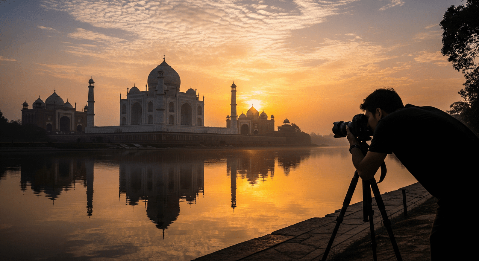 Couple enjoying a romantic photoshoot in front of the Taj Mahal at sunrise.