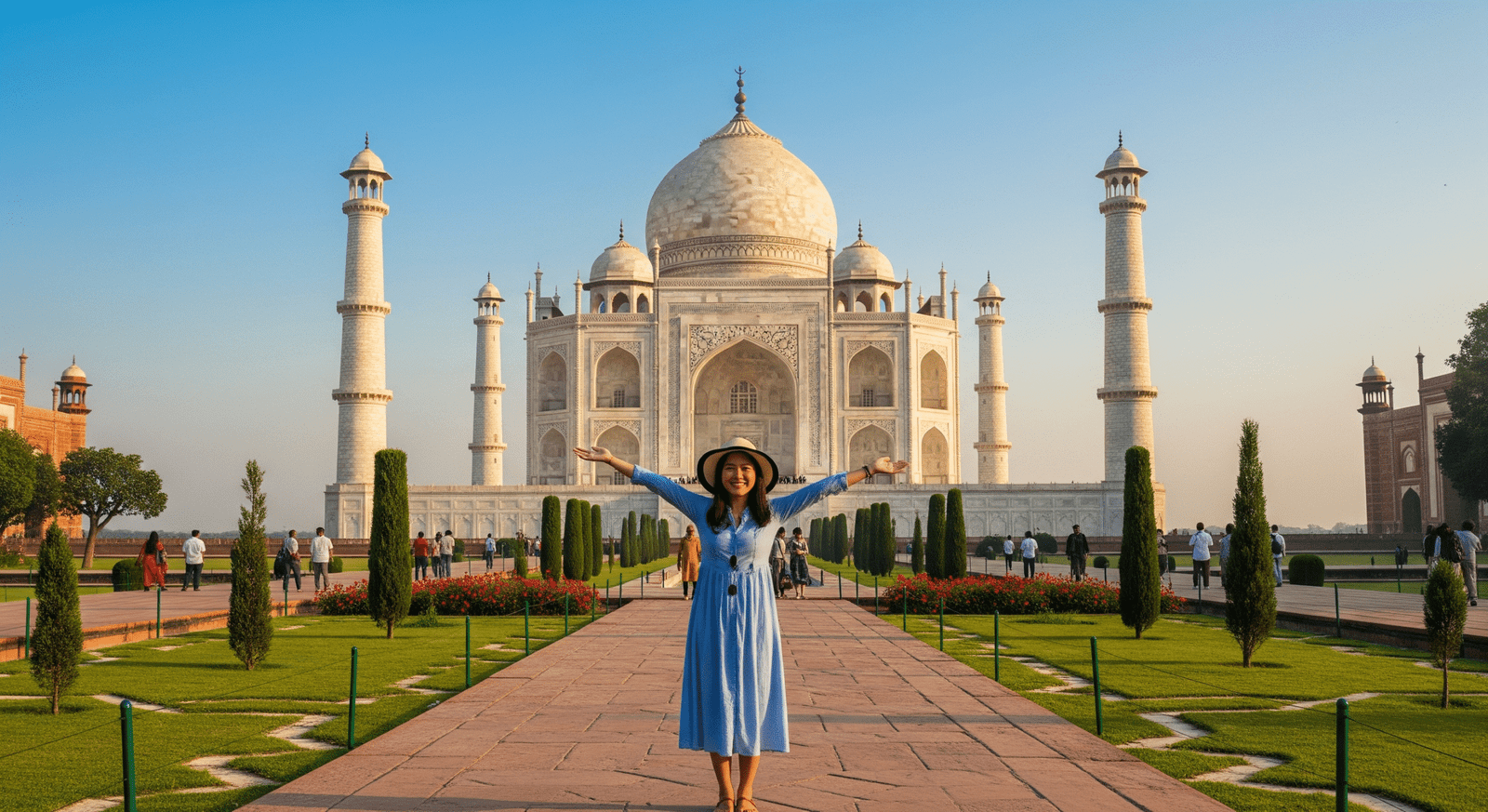 Tourists visiting the Taj Mahal on a private day trip from Delhi with a guide and car transfer.