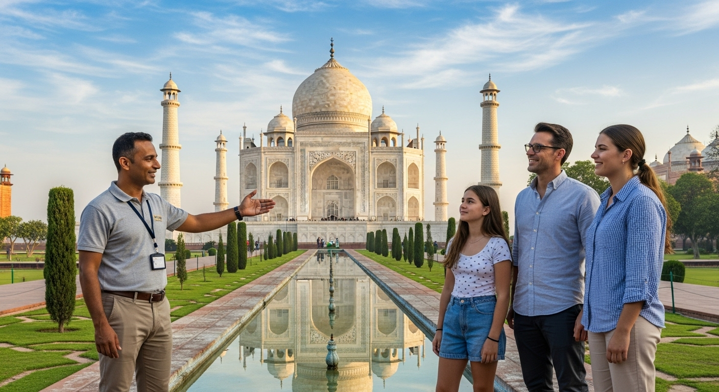 Professional Taj Mahal tour guide sharing architectural details