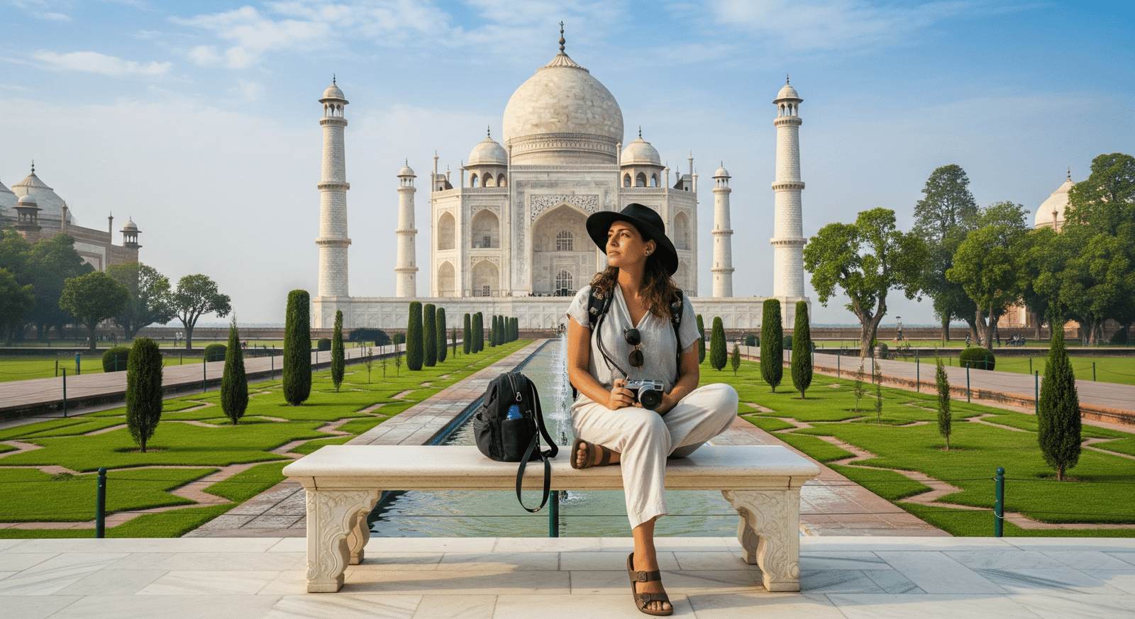 Solo tourist sitting on a marble bench during a Private Taj Mahal Day Trip from Delhi