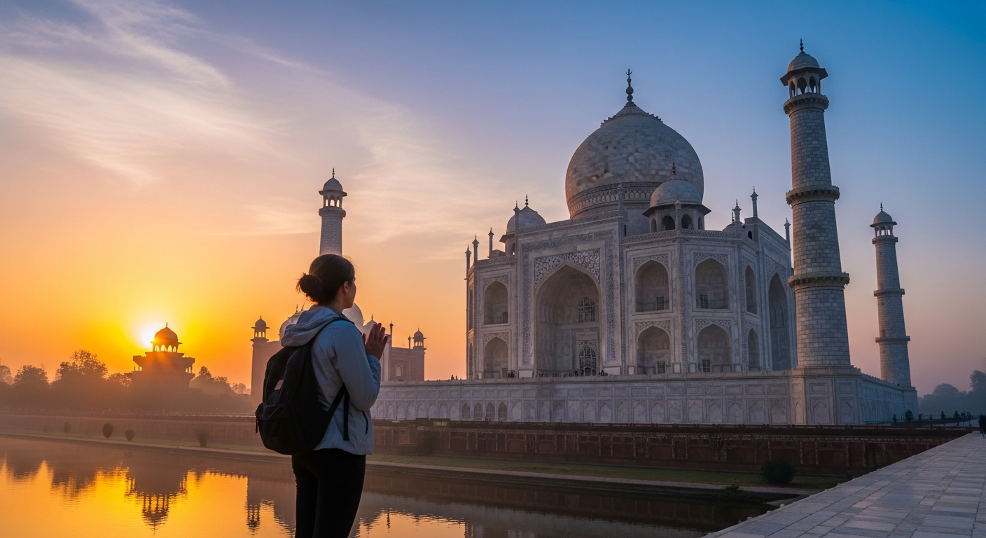Solo traveler enjoying the Sunrise Tour of the Taj Mahal with golden morning light reflecting on the marble monument in Agra, India