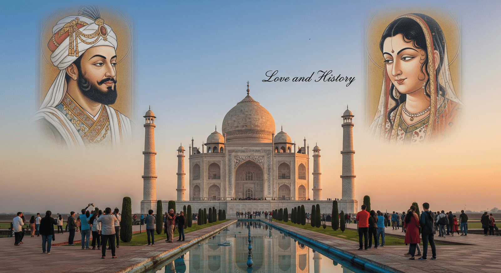 Taj Mahal Significance Love and History — tourists exploring the Taj Mahal with beautiful Mughal-era paintings of Emperor Shah Jahan and Mumtaz Mahal.