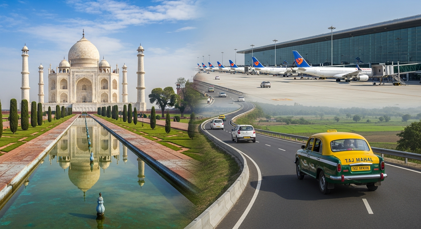 Private Taj Mahal taxi service from Delhi Airport for same-day and layover trips by car with Taj Mahal Cabs.