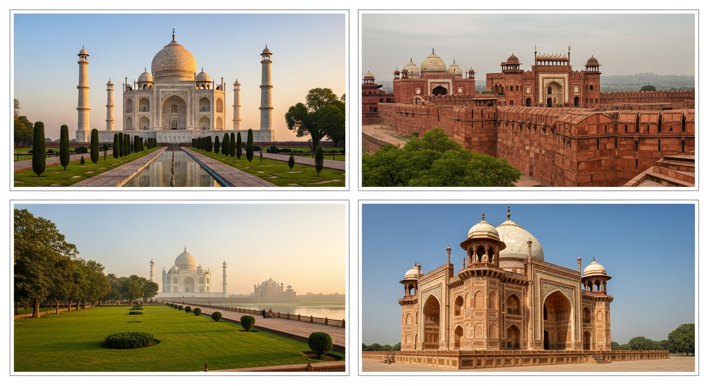 Taj Mahal at sunrise reflecting in the Yamuna River, Agra