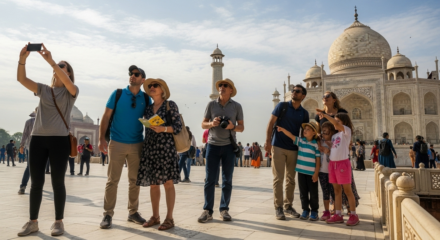 Tourists from USA enjoying the Luxury Taj Mahal Day Tour from ITC Maurya Delhi with Airport Drop, exploring the iconic monument.