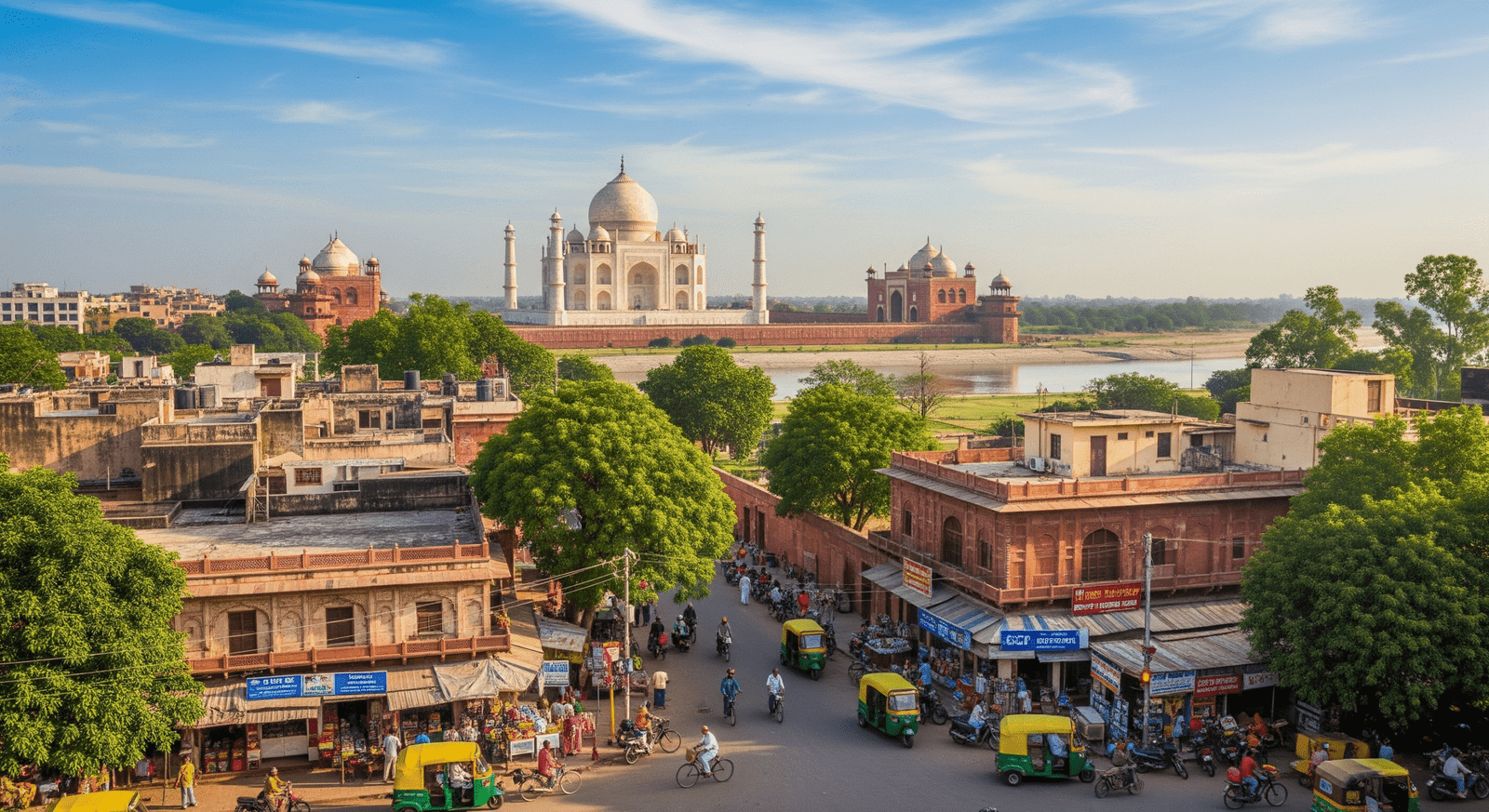 View of the Taj Mahal from Agra city center showing short travel distance and easy access for tourists.