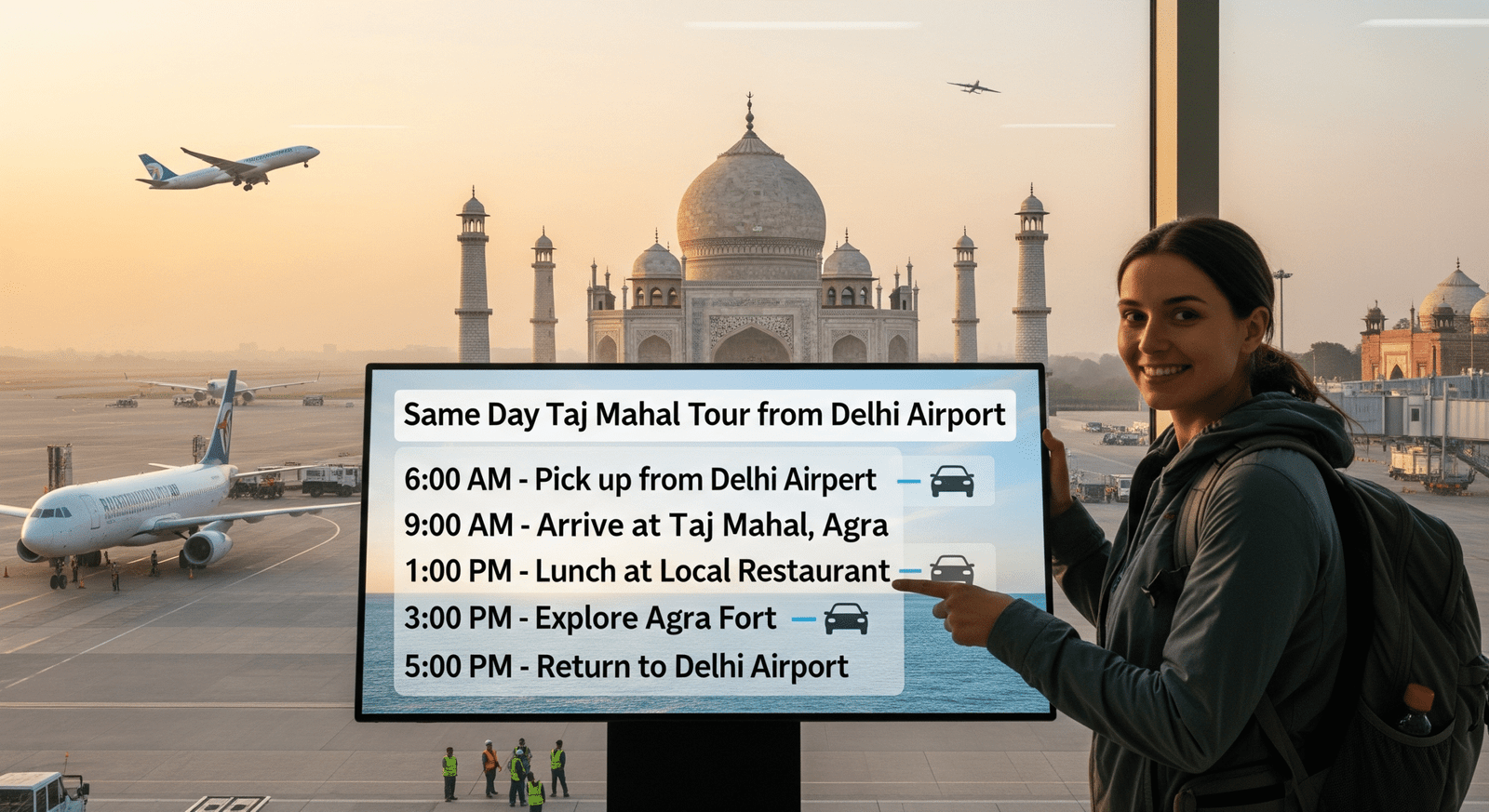 Visitors on a Same Day Taj Mahal Tour from Delhi Airport with guide