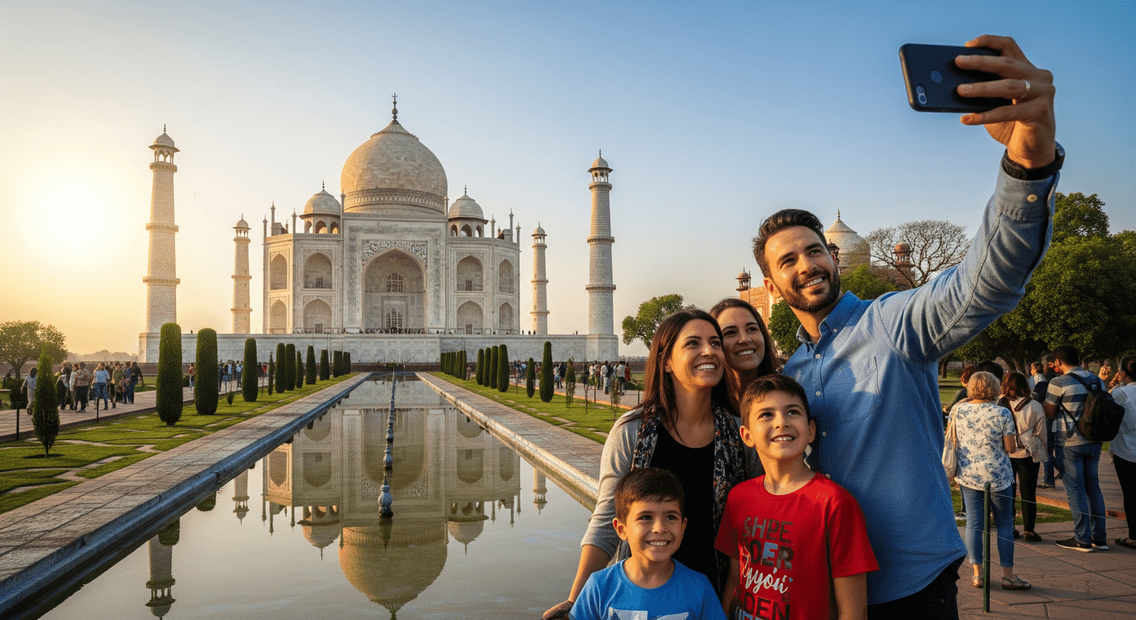 Tourists and family visiting the Taj Mahal in Agra, India — capturing the significance of Taj Mahal as a symbol of love and architectural wonder.