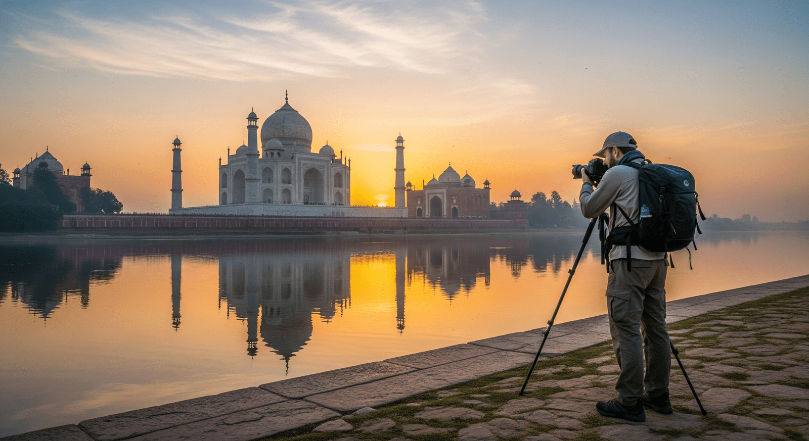 Taj Mahal at sunrise with reflection in water