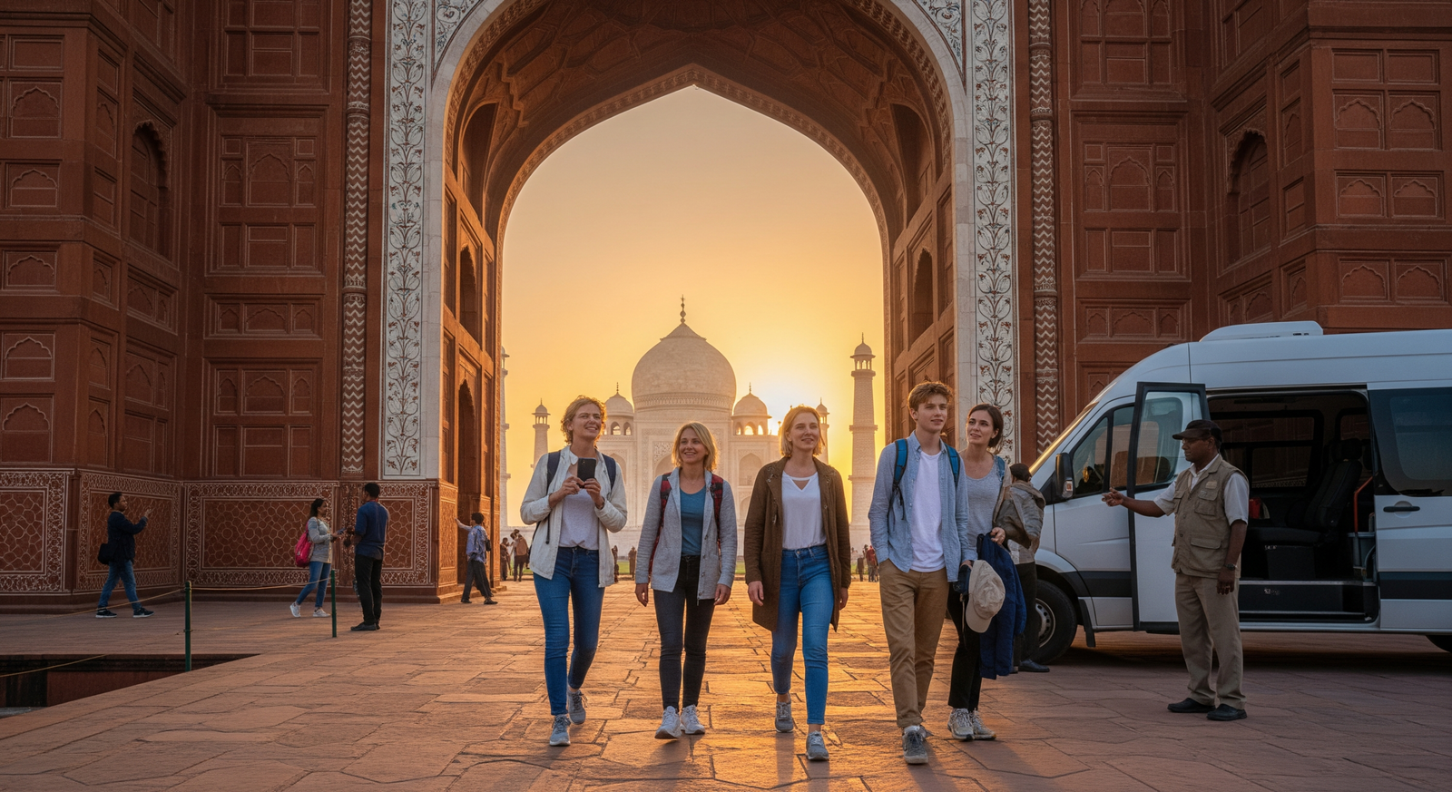 Dutch travelers at the Taj Mahal in Agra, India, traveling via private cab from Amsterdam