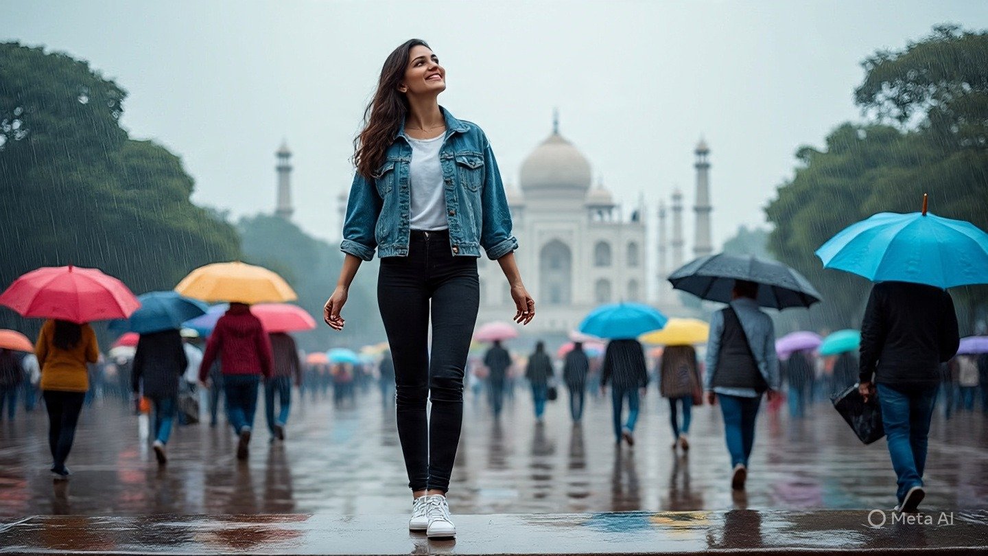 Experience the charm of monsoon mornings with the best photo of Taj Mahal with tourist in raining