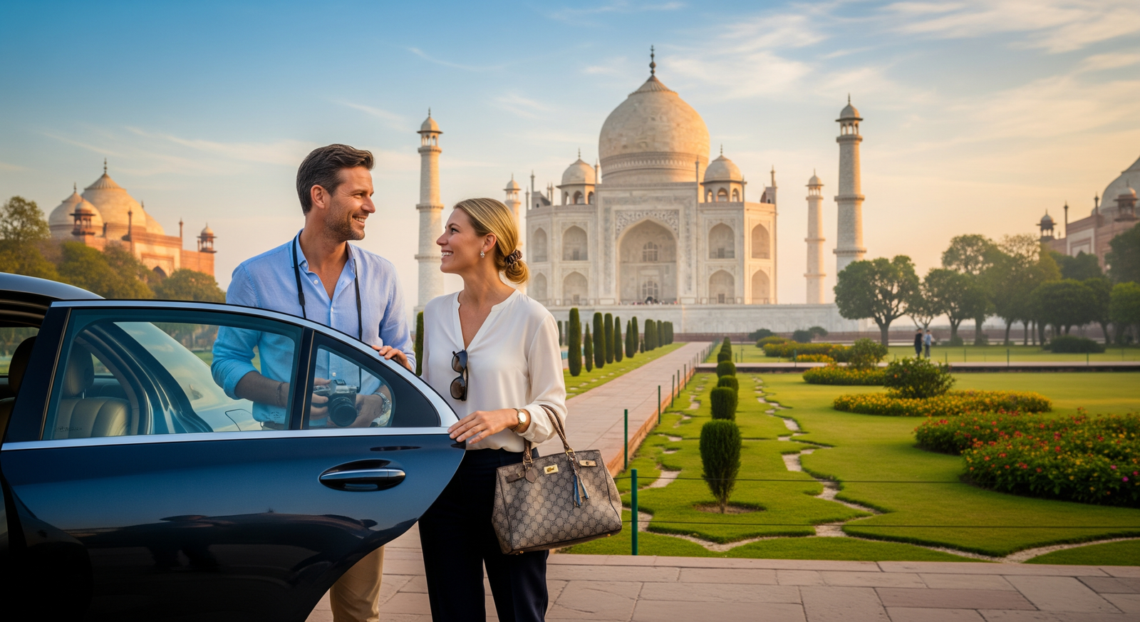 Dutch travelers enjoying a private tour at the Taj Mahal in Agra, India