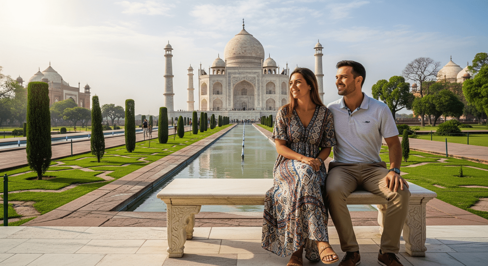 Couple of tourists sitting on a marble bench at the Taj Mahal during a Private Day Trip from Delhi by Car