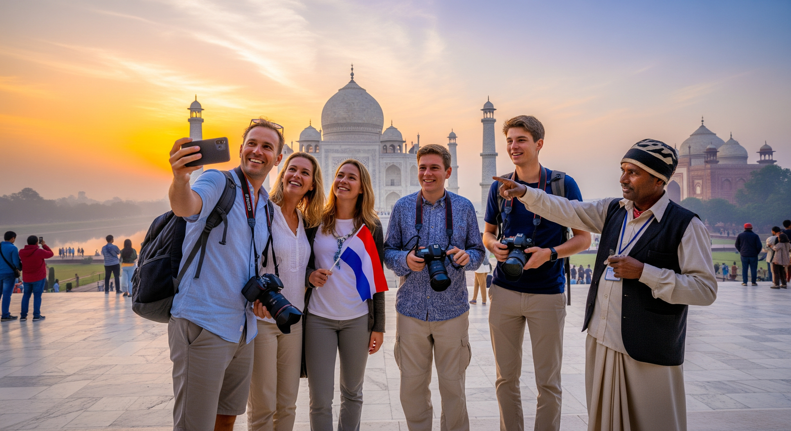 Dutch tourists at the Taj Mahal in Agra, India traveling via private cab from Rotterdam