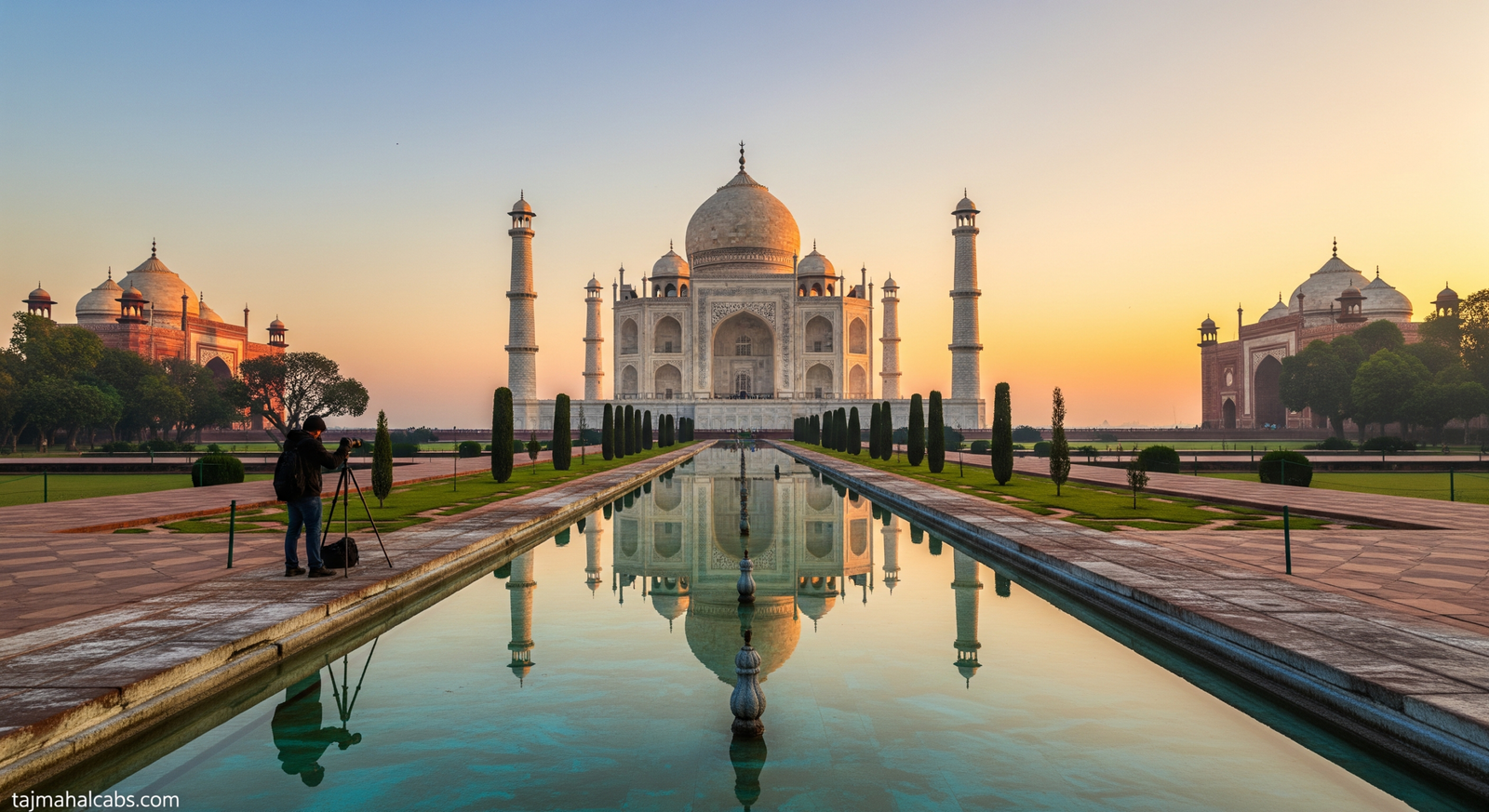 Photographer capturing Taj Mahal at sunrise with tripod and reflection pools