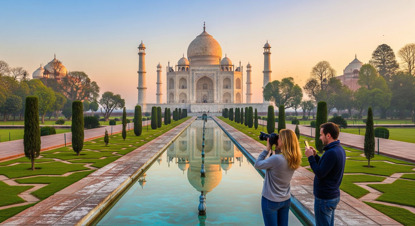 Dutch tourists enjoying sunrise at the Taj Mahal with reflection pool and gardens