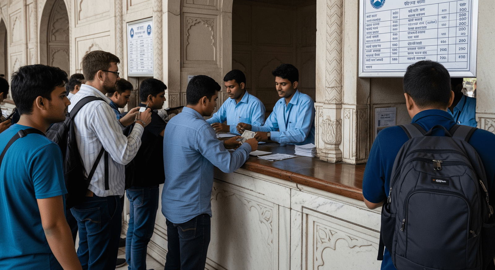 A realistic shot of the physical ASI ticket counter at the Taj Mahal with people purchasing or checking prices.