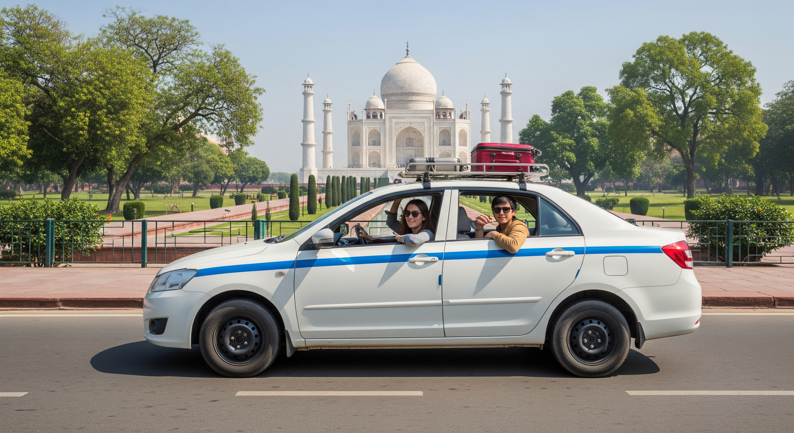 Taxi traveling from Agra Cantt Railway Station to the Taj Mahal with tourists inside, clear view of Taj Mahal in the background.