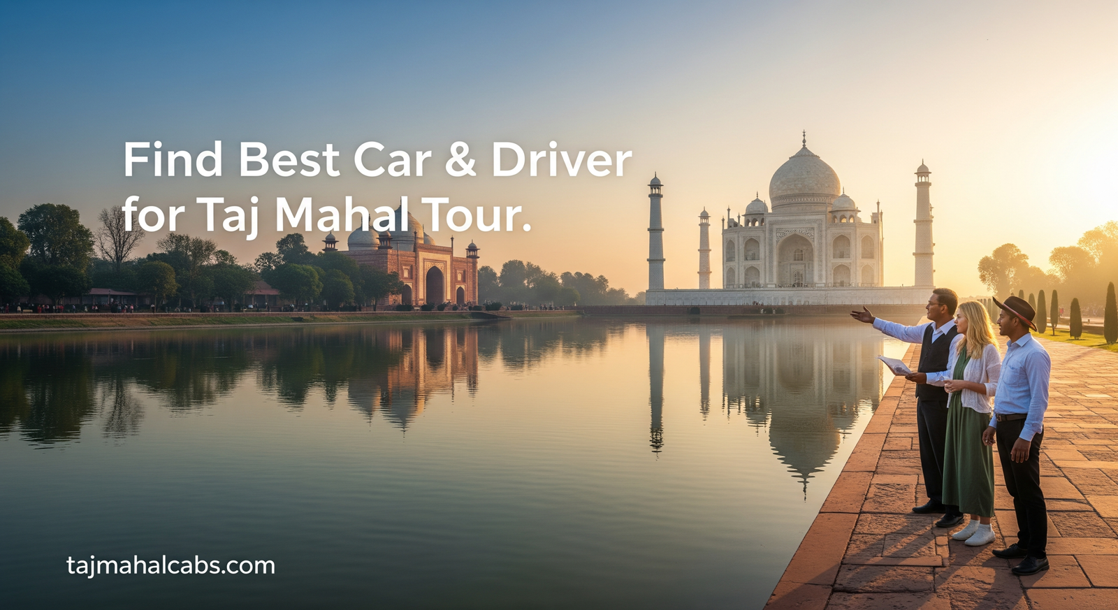 Sunrise view of the Taj Mahal with golden light, Yamuna River reflection, tourist couple with guide, vibrant colors, budget-friendly tour banner.