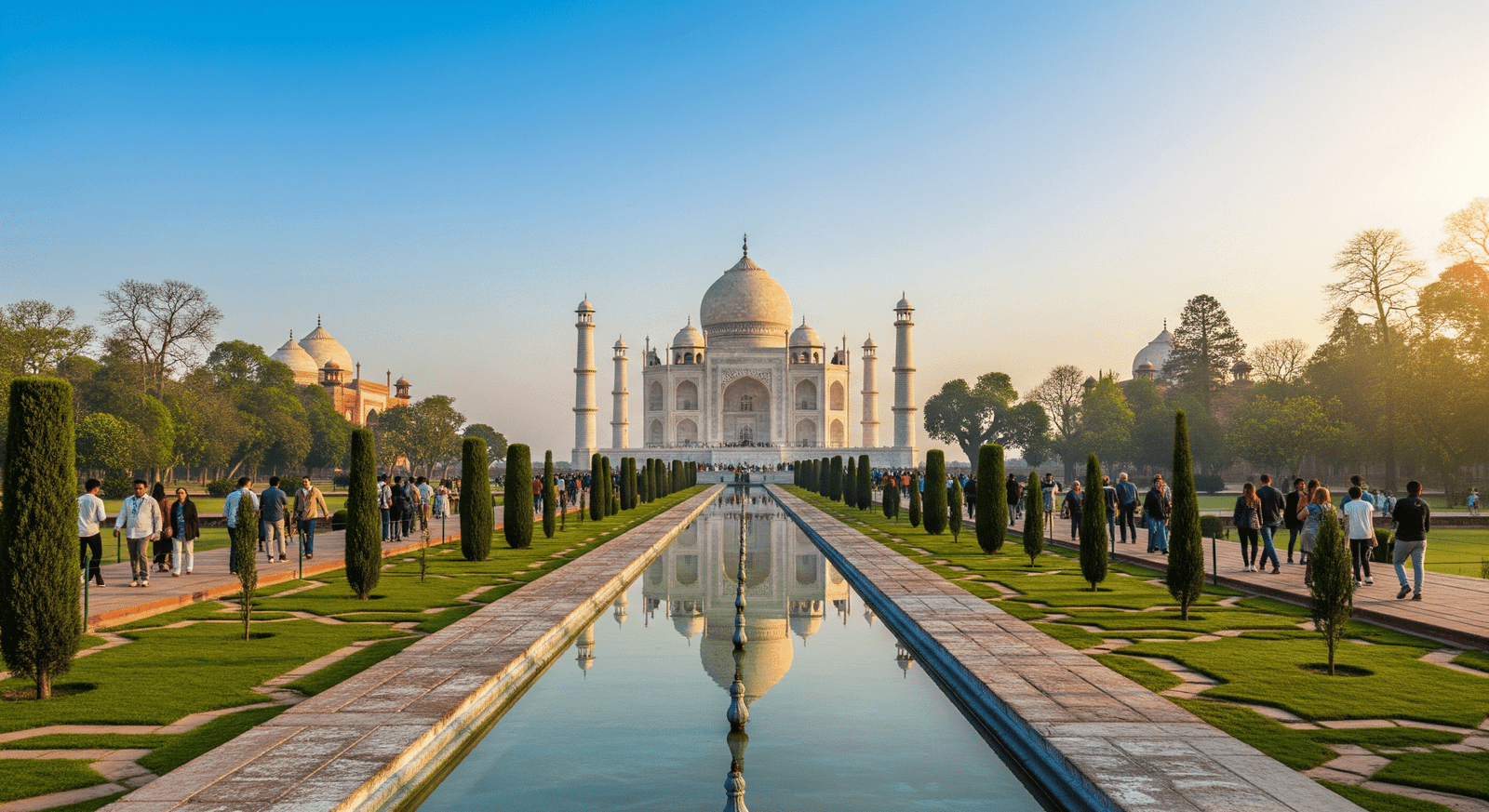 Taj Mahal and Agra Fort in one day tour, Agra, India, sunrise view of Taj Mahal with Agra Fort background