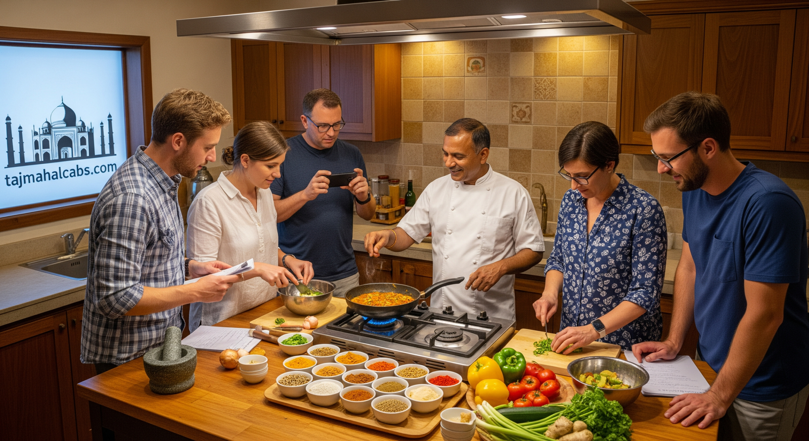 Tourists learning Indian cooking in Agra guided by a local chef