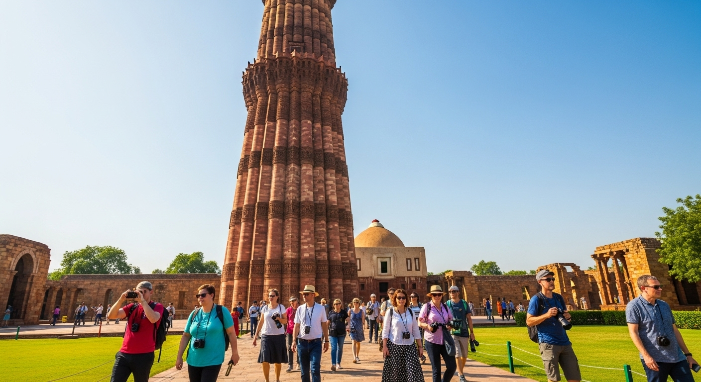 Delhi Qutub Minar with overseas tourists exploring with Taj Mahal Cabs during Golden Triangle Travel Packages India heritage tour