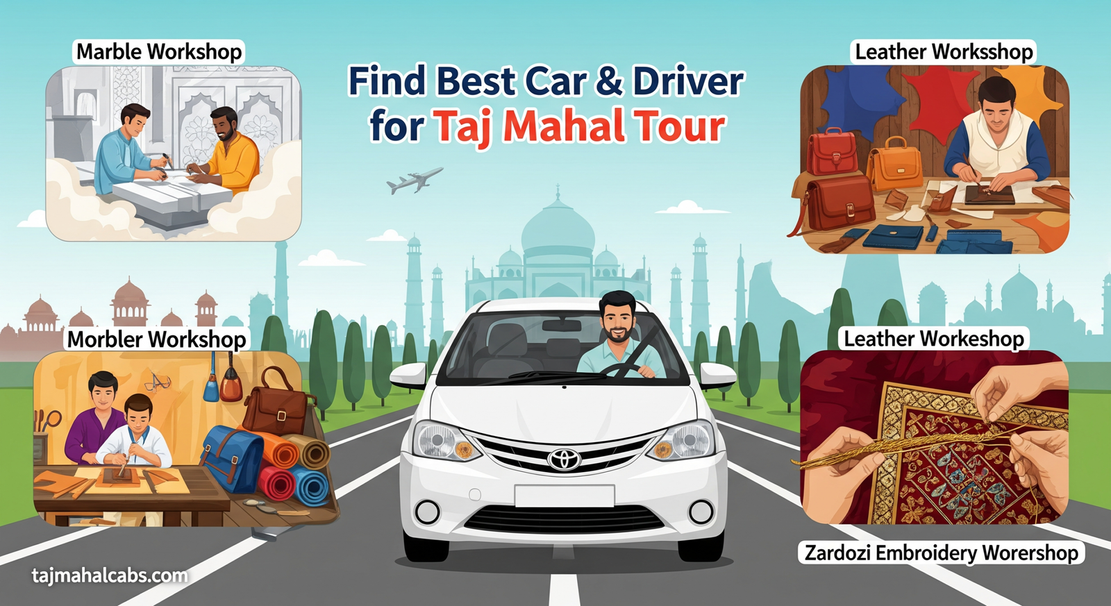 Delhi to Agra cab tour with driver including marble, leather and zardozi workshops