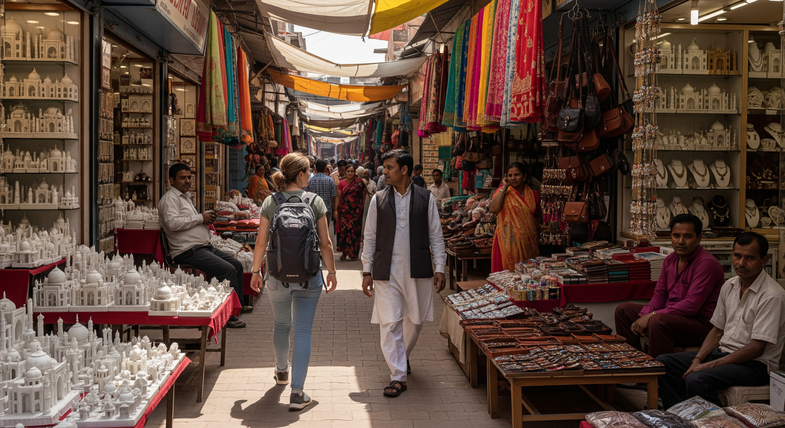 Traveler walking through a traditional Agra market with a local guide, surrounded by colorful shops, handicrafts, and friendly vendors during a Hidden Gems of Agra guided tour.