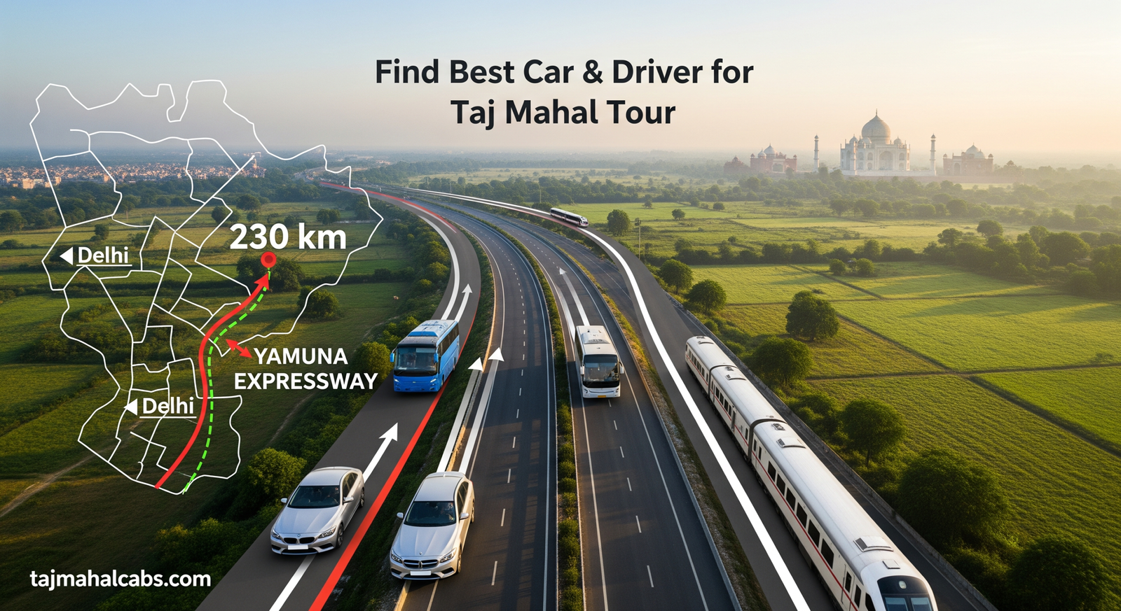 Indira Gandhi Airport to Taj Mahal distance map showing fastest route via Yamuna Expressway