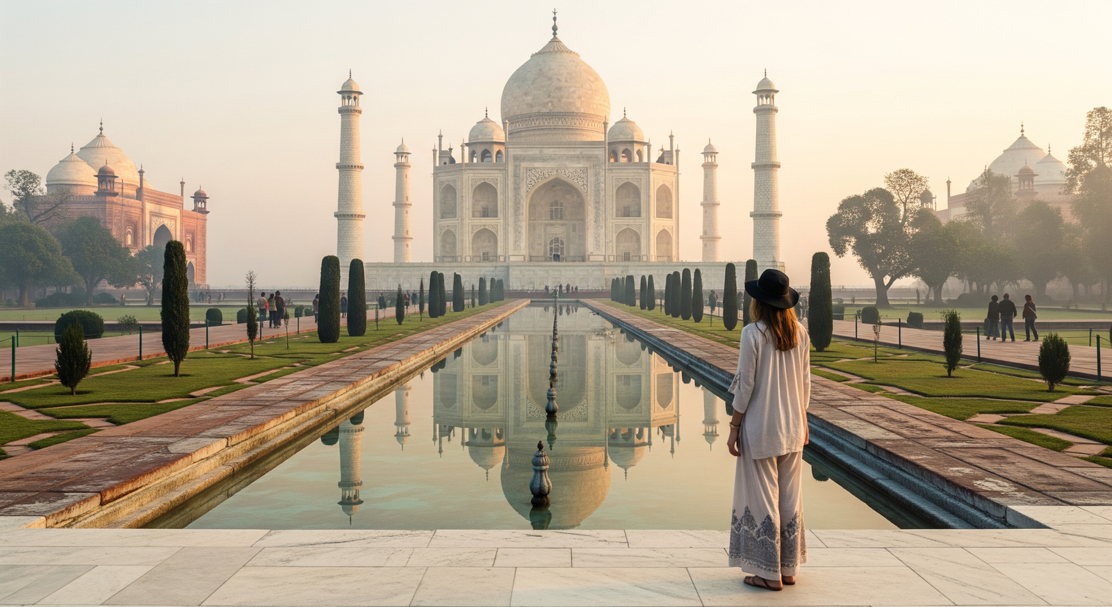 Luxury travel photo of Taj Mahal at sunrise with glowing white marble, reflecting pool symmetry, and a female traveler admiring the monument.