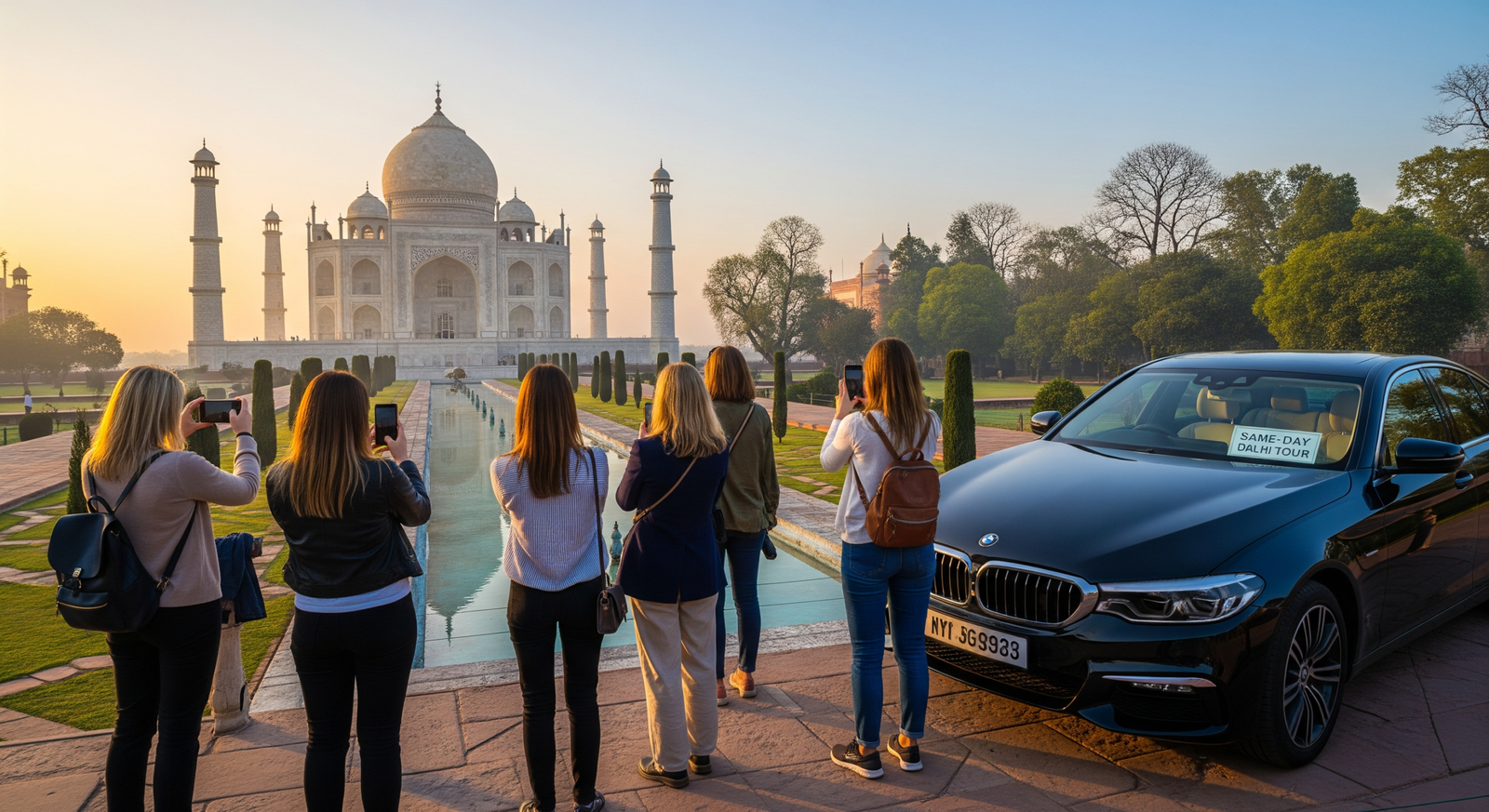 Tourists enjoying a sunrise view of the Taj Mahal in Agra during a same-day Delhi to Agra tour.