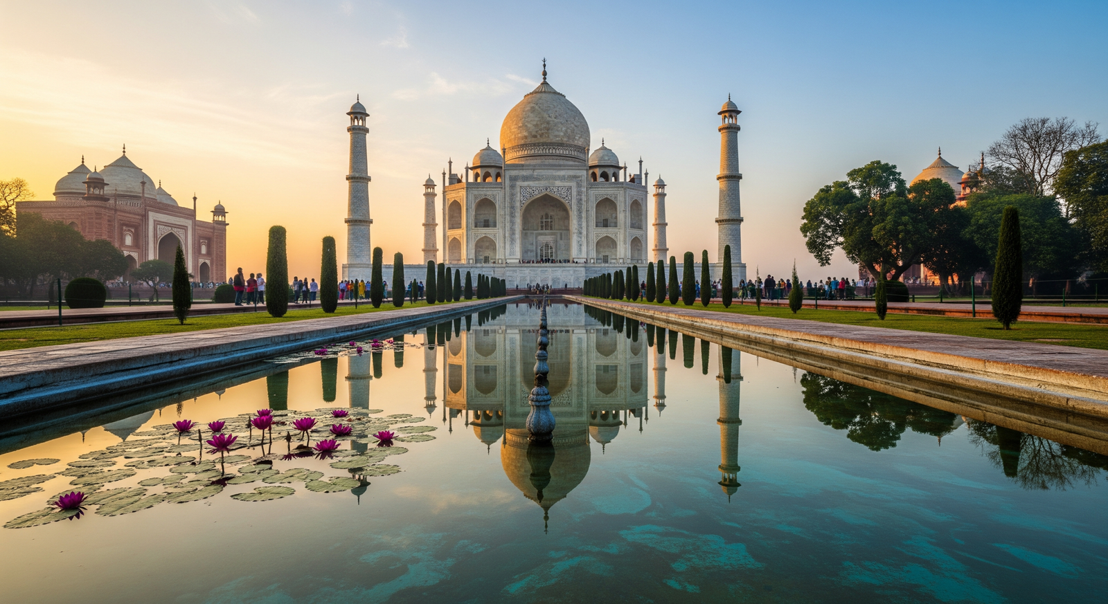Taj Mahal at sunrise with soft golden light, clear sky, and fewer visitors creating a peaceful morning view