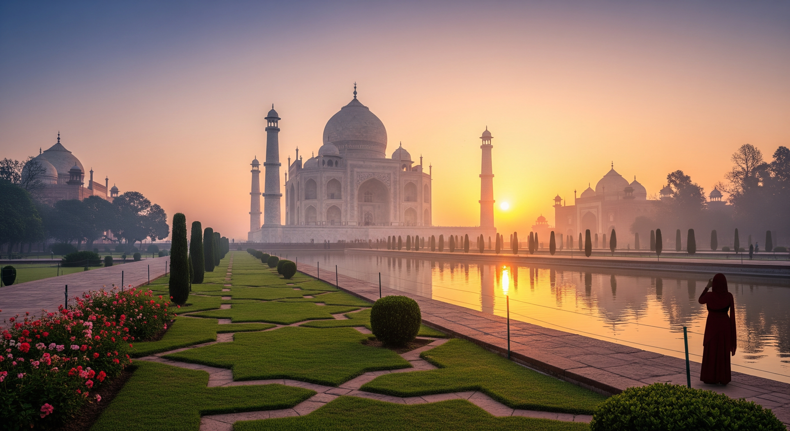 Sunrise view of the Taj Mahal with golden light on white marble, soft mist, lush gardens, Yamuna River glow, and silhouette of an elegant Indian lady admiring the monument.