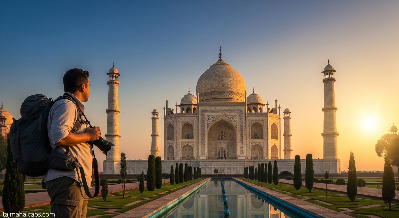 Sunrise view of the Taj Mahal with a traveler holding a backpack and camera, ready for sightseeing