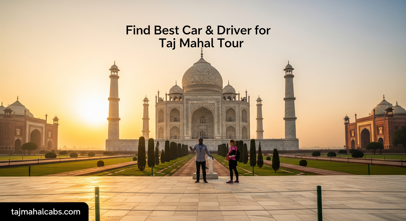 Taj Mahal guided tour at sunrise with international tourists and expert guide explaining history in front of the monument.