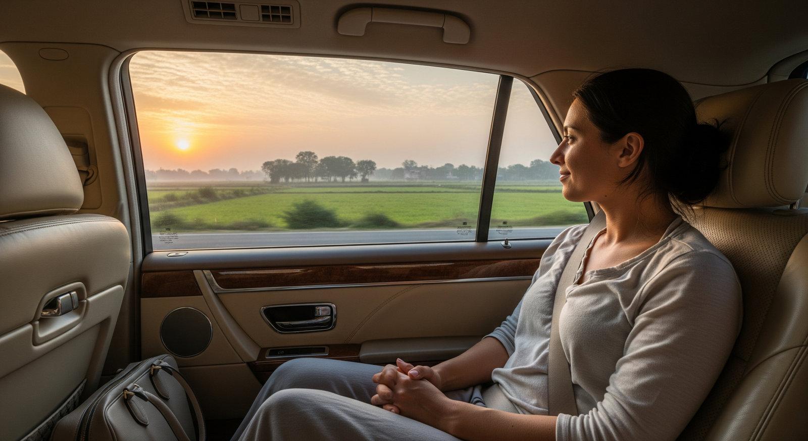 Guest enjoying a comfortable ride to the Taj Mahal with hotel pickup.